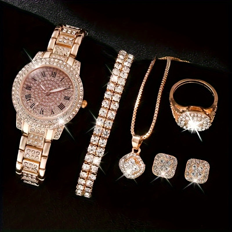 Luxury Rhinestone Quartz 6-Piece Women's Watch Set – Stylish Analog Jewelry