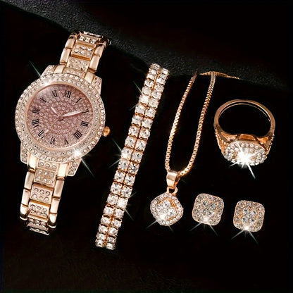 Luxury Rhinestone Quartz 6-Piece Women's Watch Set – Stylish Analog Jewelry