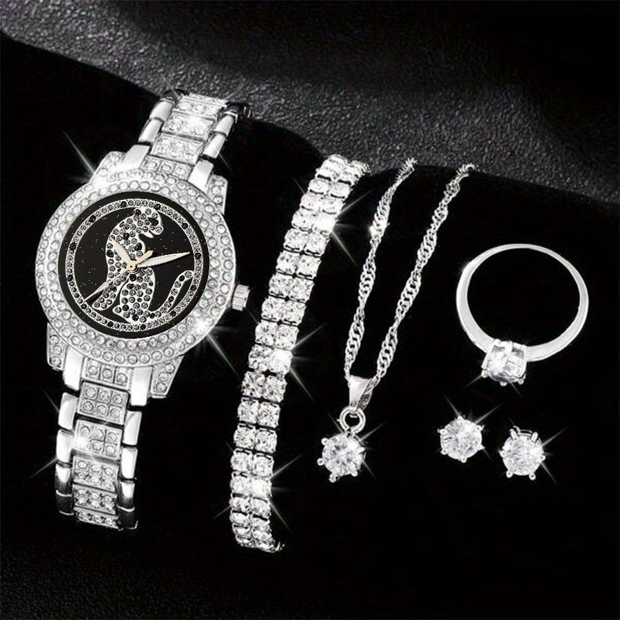 Ladies' Quartz Watch &amp; 6-Piece Jewelry Set – Elegant Timepiece &amp; Accessories