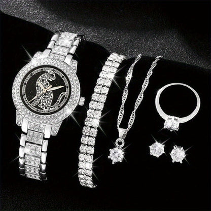 Ladies' Quartz Watch &amp; 6-Piece Jewelry Set – Elegant Timepiece &amp; Accessories
