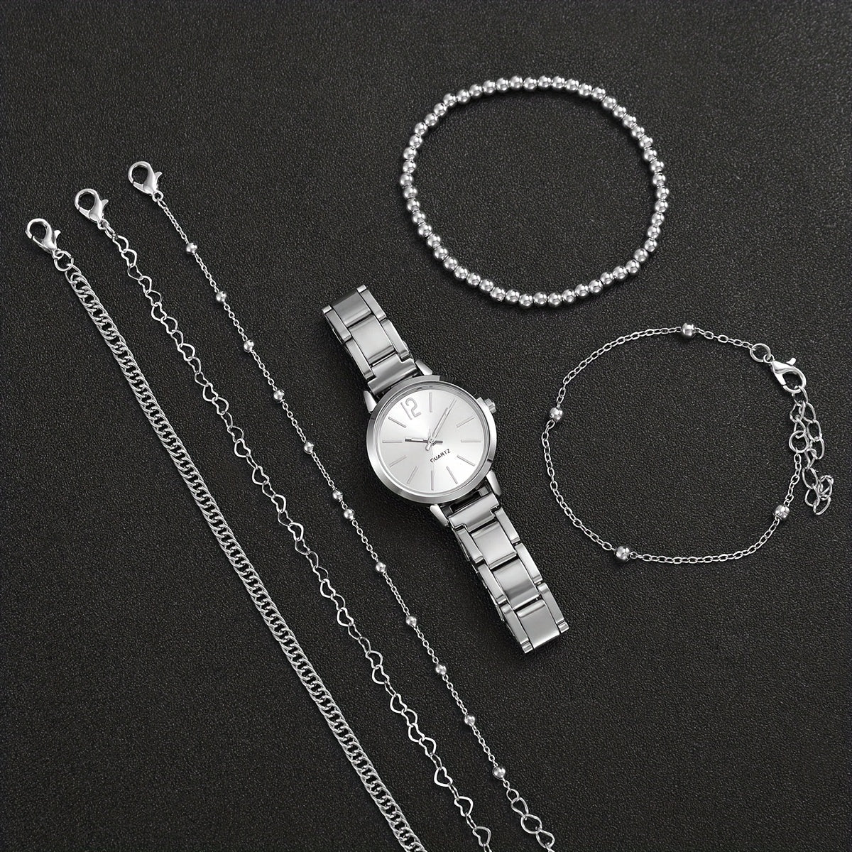5pcs Women's Stainless Steel Silver Quartz Bracelet Set and Beaded Strap Set