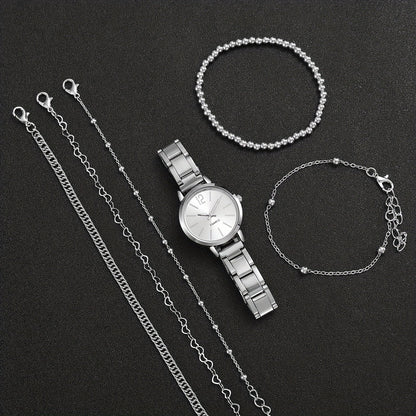 5pcs Women's Stainless Steel Silver Quartz Bracelet Set and Beaded Strap Set