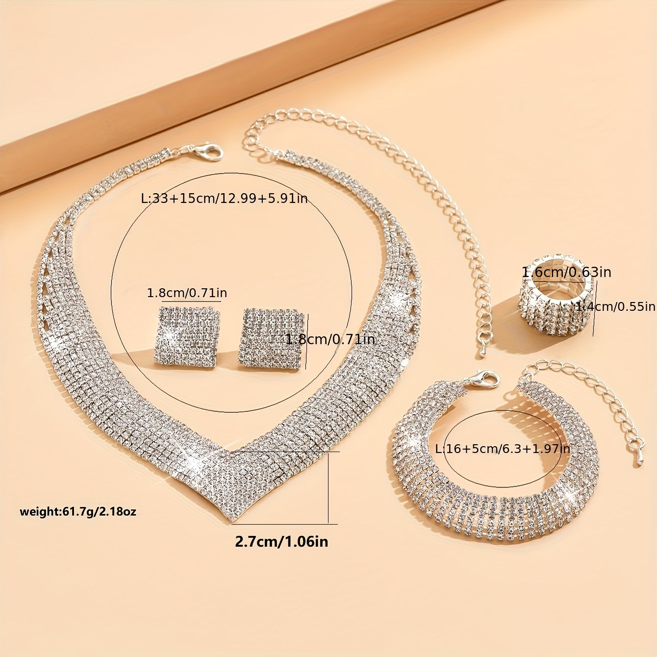 5pcs Women's Silver-Plated Jewelry Set – Earrings, Necklace, Bracelet &amp; Ring