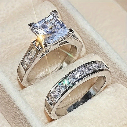 2-Piece Couple Jewelry Set – Shiny Square Cubic Zirconia Wedding Rings