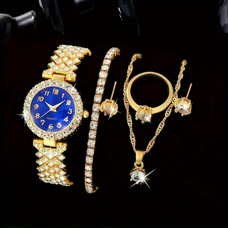 Ladies' Quartz Watch &amp; 6-Piece Jewelry Set – Elegant Timepiece &amp; Accessories