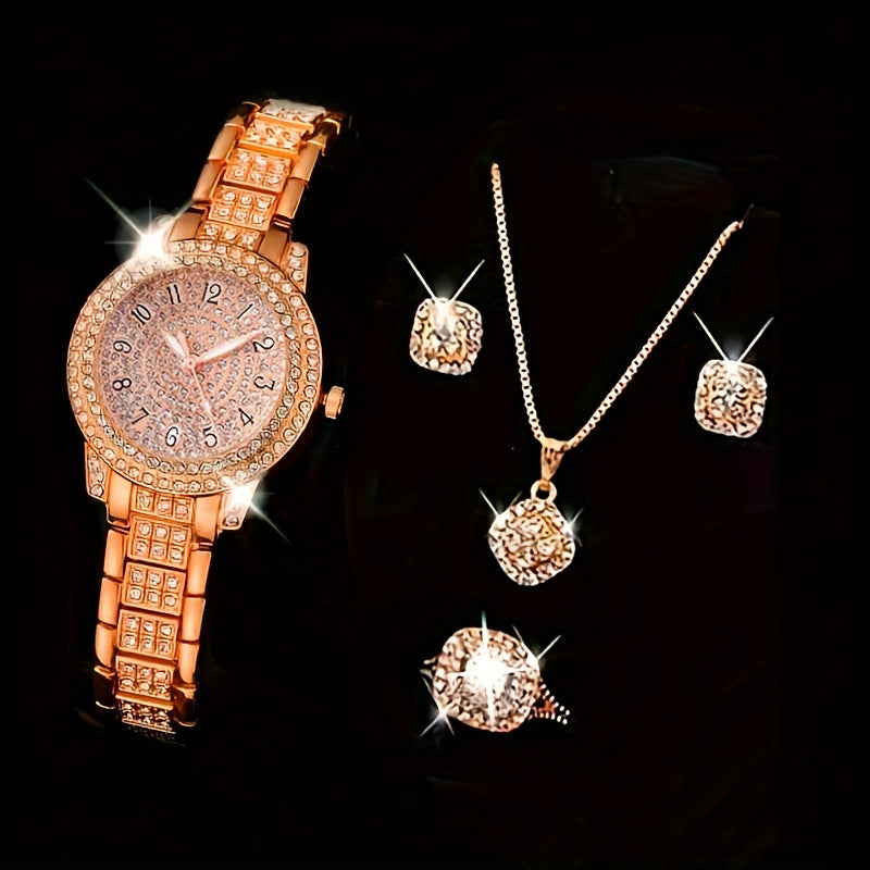 Ladies' Quartz Watch &amp; 6-Piece Jewelry Set – Elegant Timepiece &amp; Accessories