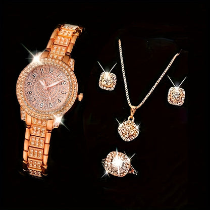 Ladies' Quartz Watch &amp; 6-Piece Jewelry Set – Elegant Timepiece &amp; Accessories