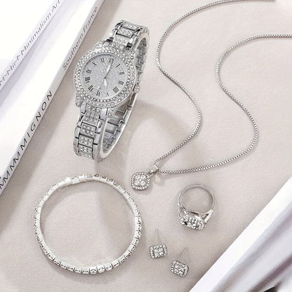 Ladies' Quartz Watch &amp; 6-Piece Jewelry Set – Elegant Timepiece &amp; Accessories