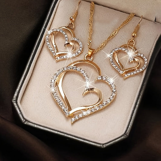 Set of Earrings and Necklaces (1 Pair) – Romantic French Heart Jewelry, Silver or Gold