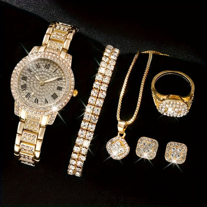Luxury Rhinestone Quartz 6-Piece Women's Watch Set – Stylish Analog Jewelry