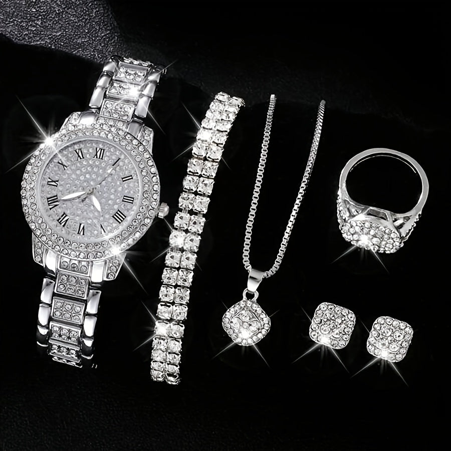 Ladies' Quartz Watch &amp; 6-Piece Jewelry Set – Elegant Timepiece &amp; Accessories