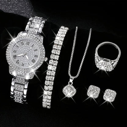 Ladies' Quartz Watch &amp; 6-Piece Jewelry Set – Elegant Timepiece &amp; Accessories