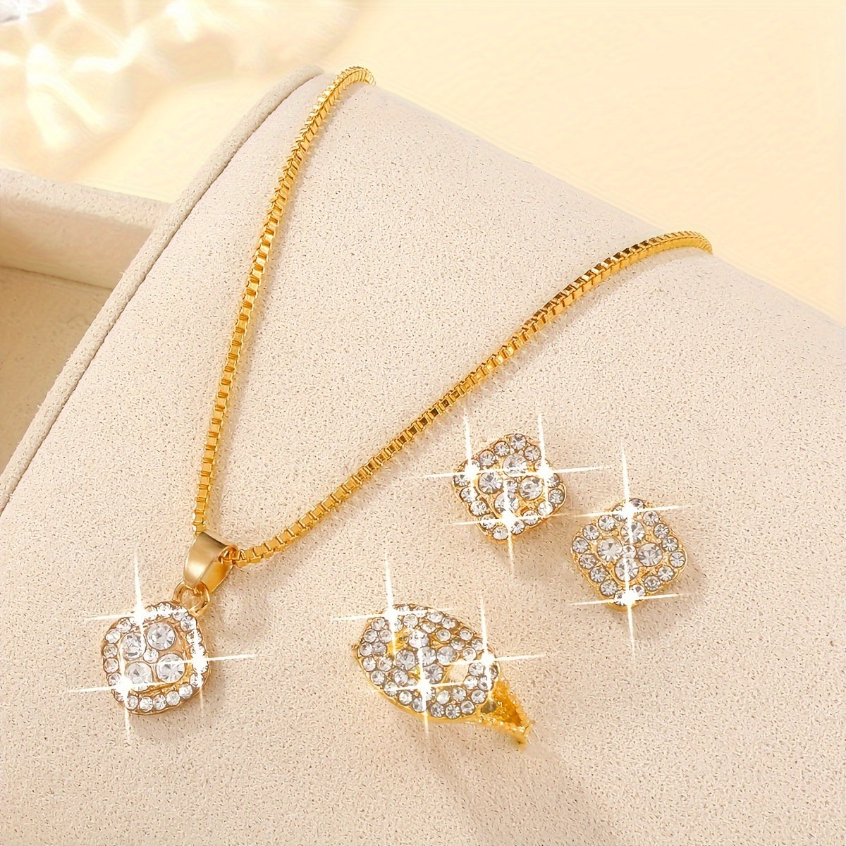 Minimalist 4-Piece Women's Jewelry Set – Square Glass Inlay, Everyday Chic