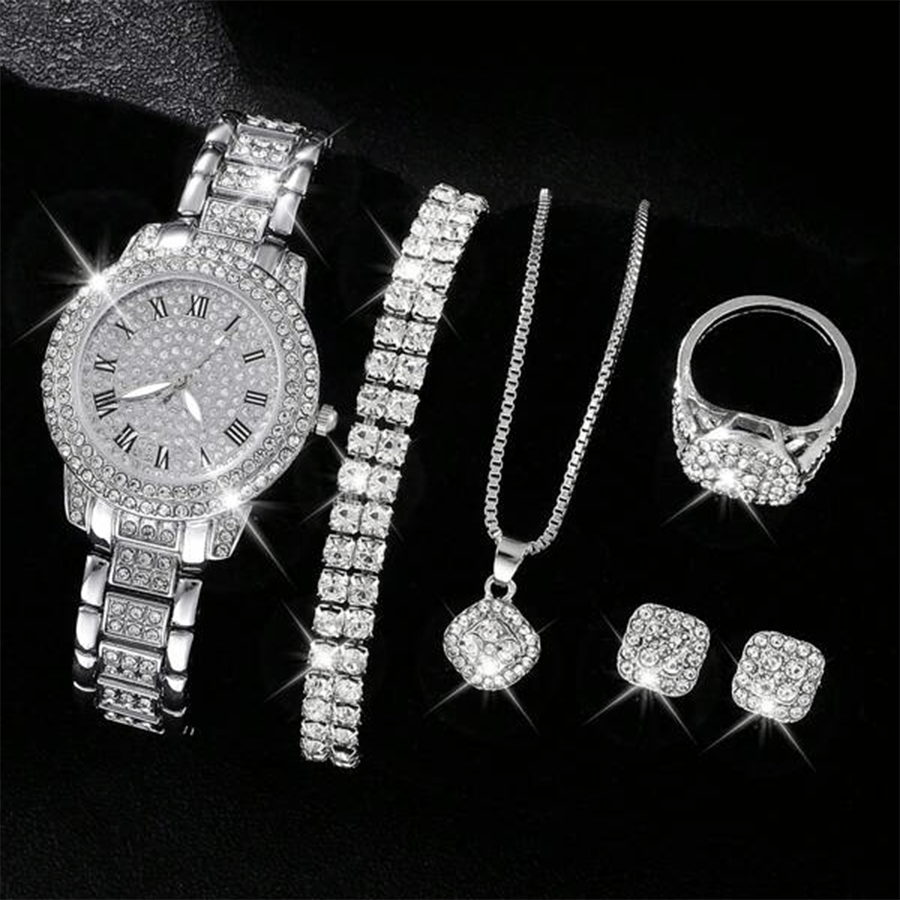 Ladies' Quartz Watch &amp; 6-Piece Jewelry Set – Elegant Timepiece &amp; Accessories