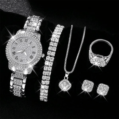 Ladies' Quartz Watch &amp; 6-Piece Jewelry Set – Elegant Timepiece &amp; Accessories