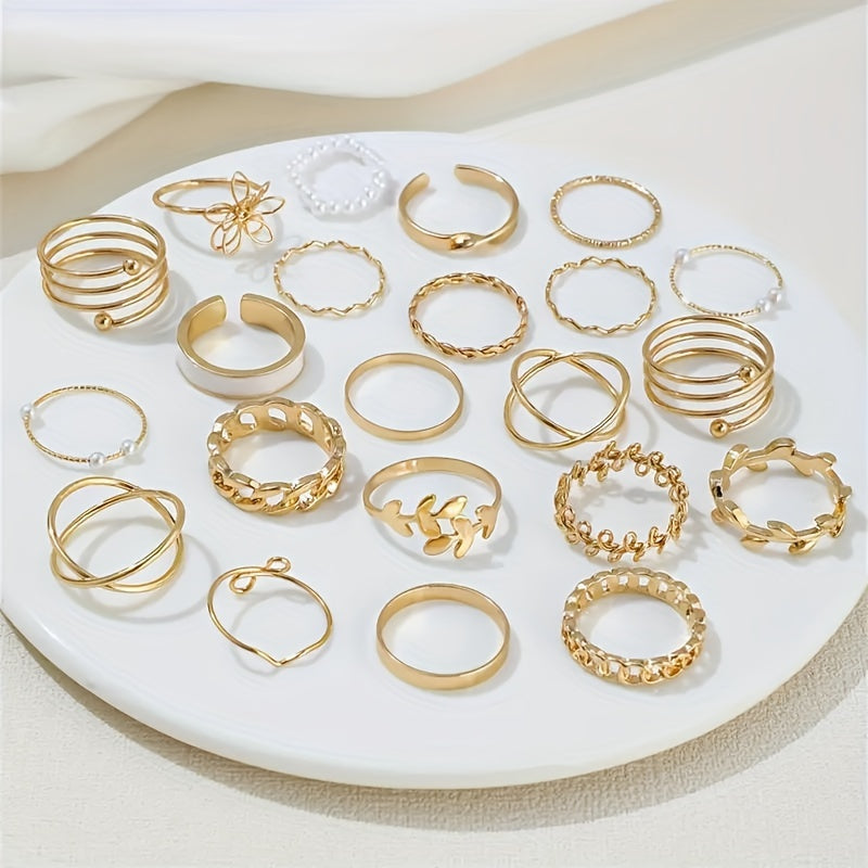 Women's 22-piece ring set – Elegant Leaf &amp; Flower Design, Gold &amp; Silver