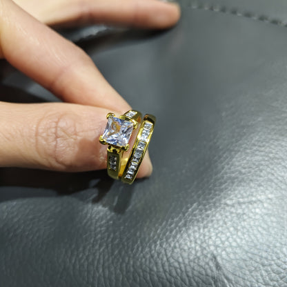 2-Piece Couple Jewelry Set – Shiny Square Cubic Zirconia Wedding Rings