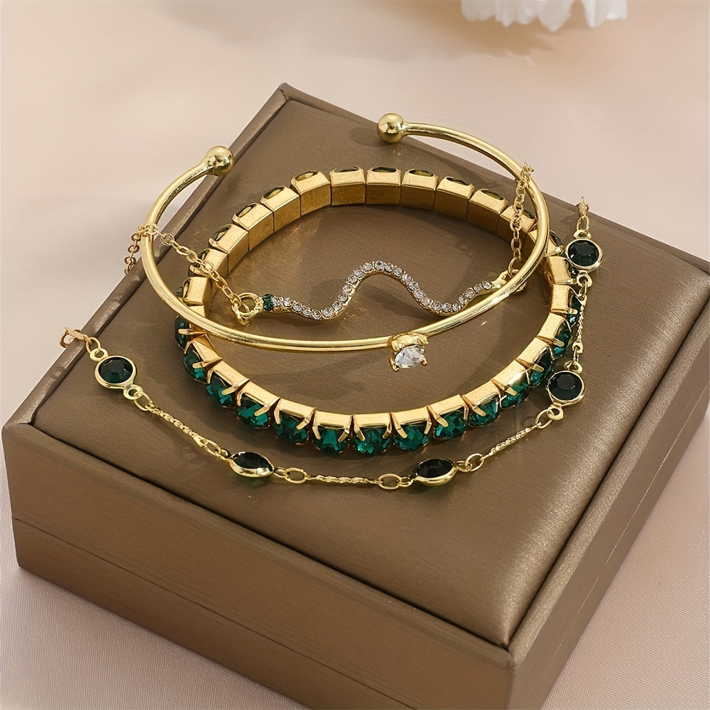 4pcs Women's Shiny Rhinestone Bangle Bracelet Set – Stackable Hand Jewelry