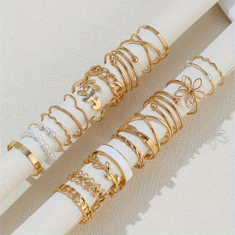 Women's 22-piece ring set – Elegant Leaf &amp; Flower Design, Gold &amp; Silver