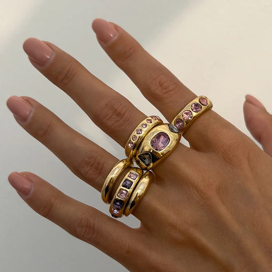 Women's 6-Piece Adjustable Purple Zircon Ring Set – Gold Color Jewelry