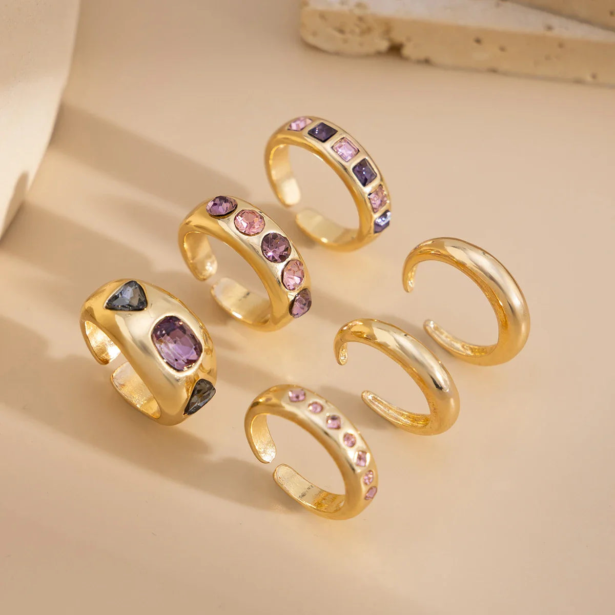 Women's 6-Piece Adjustable Purple Zircon Ring Set – Gold Color Jewelry