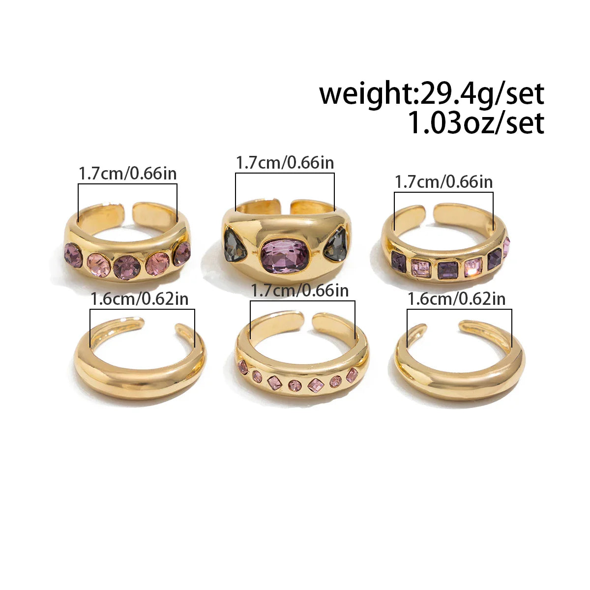 Women's 6-Piece Adjustable Purple Zircon Ring Set – Gold Color Jewelry