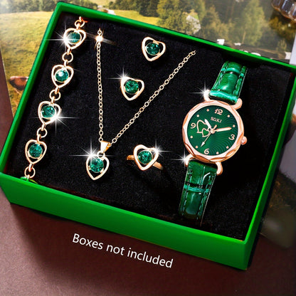 Women's Quartz Watch &amp; Heart 6-Piece Jewelry Set – Fashion Gift Set