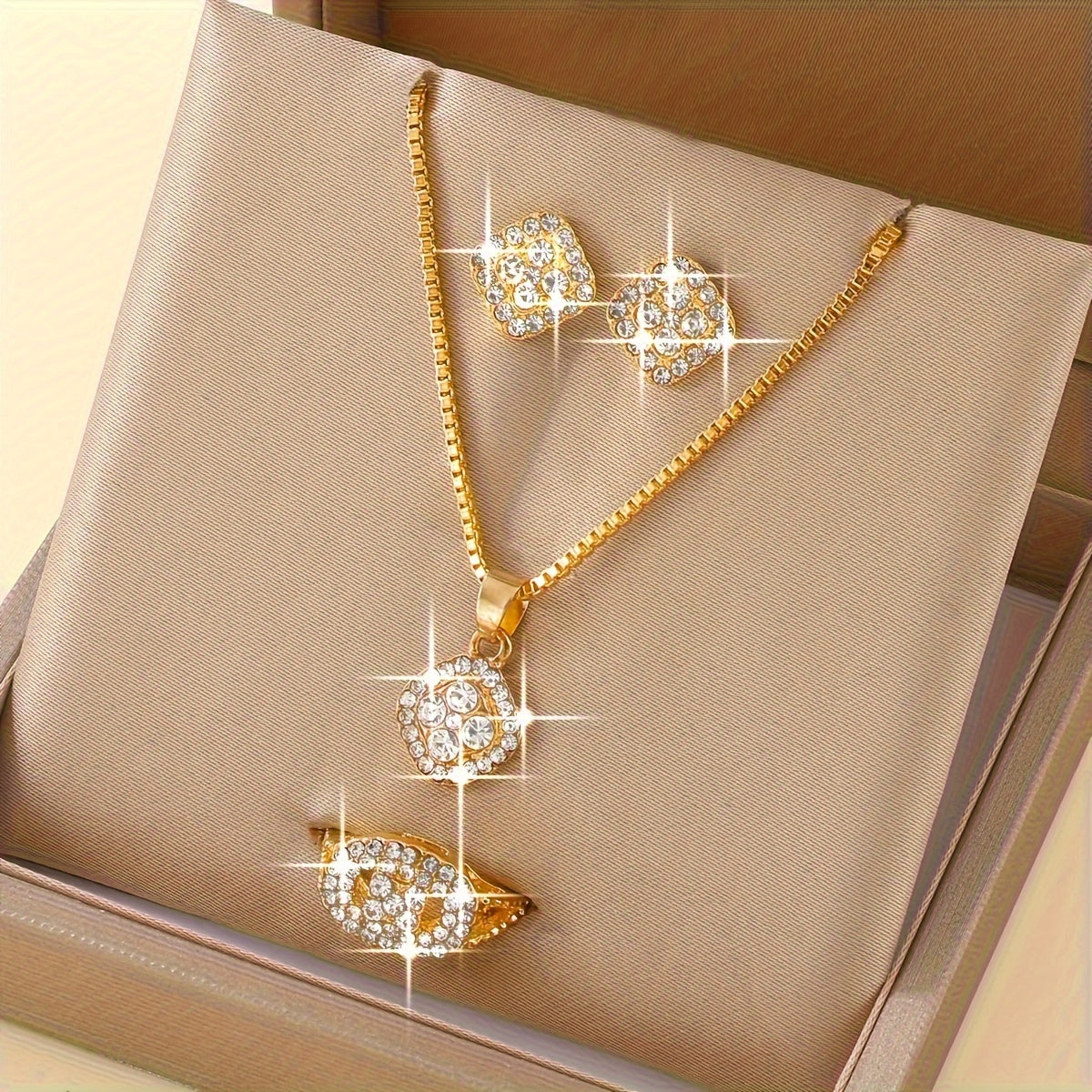 Minimalist 4-Piece Women's Jewelry Set – Square Glass Inlay, Everyday Chic