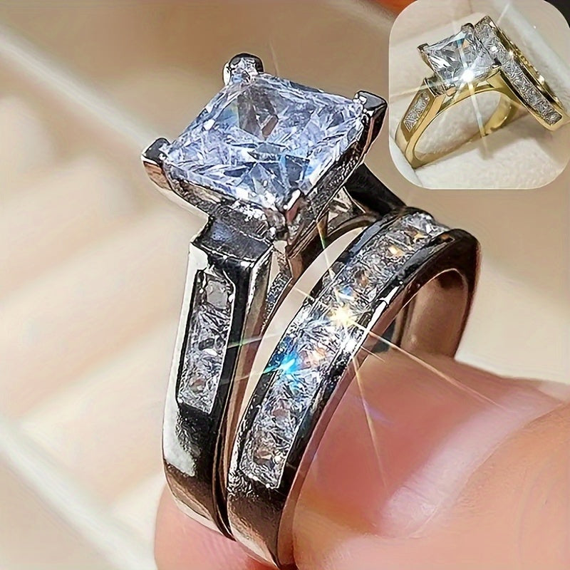 2-Piece Couple Jewelry Set – Shiny Square Cubic Zirconia Wedding Rings