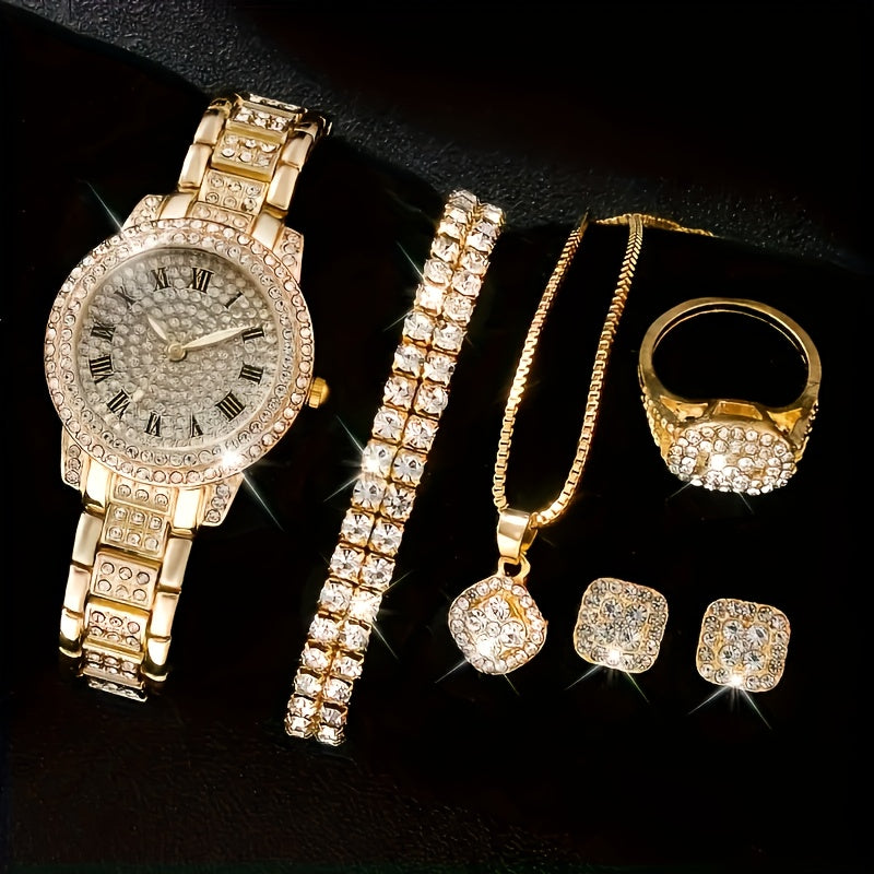 Luxury Rhinestone Quartz 6-Piece Women's Watch Set – Stylish Analog Jewelry