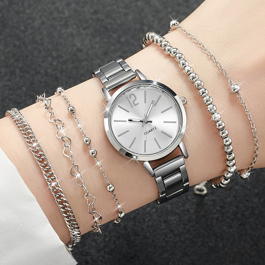 5pcs Women's Stainless Steel Silver Quartz Bracelet Set and Beaded Strap Set