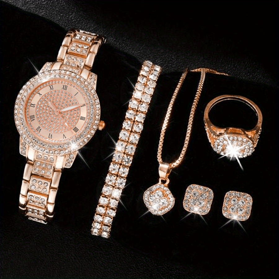 Ladies' Quartz Watch &amp; 6-Piece Jewelry Set – Elegant Timepiece &amp; Accessories