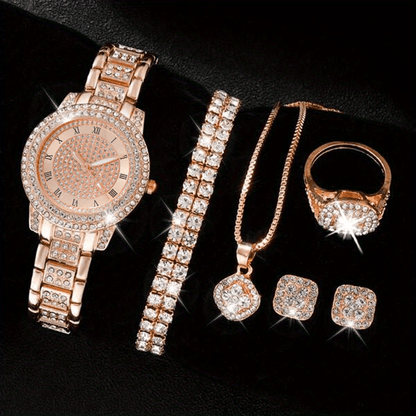 Ladies' Quartz Watch &amp; 6-Piece Jewelry Set – Elegant Timepiece &amp; Accessories