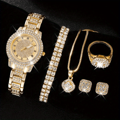 Ladies' Quartz Watch &amp; 6-Piece Jewelry Set – Elegant Timepiece &amp; Accessories