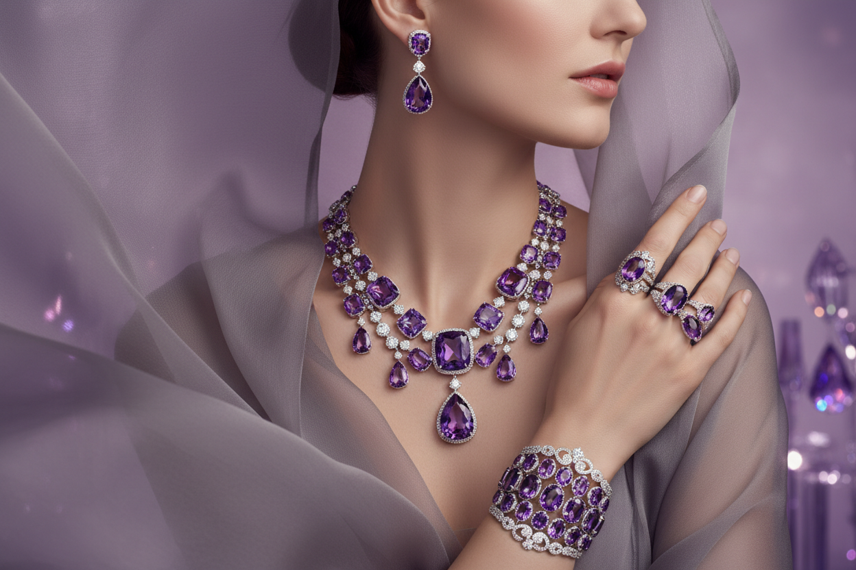 mulher com joias e com tom roxo em volta, não tão escuro, mas destaque nas joias e não mostre a face 